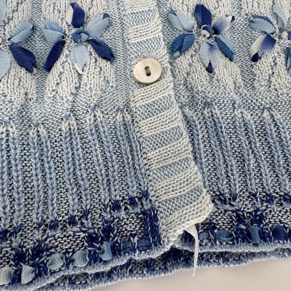 Susan Bristol Blue Gradient‎ Knit Cardigan Floral Embroidery Cottagecore Small